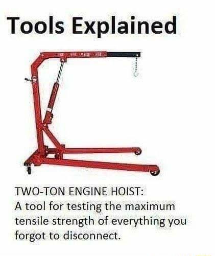 Tools Explained TWO TON ENGINE HOIST A tool for testing the maximum tensile strength of everything you forgot to disconnect