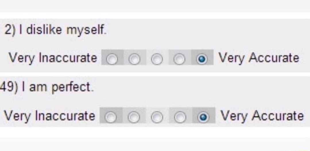 2 dislike myself Very Inaccurate Very Accurate 49 am perfect Very Inaccurate Very Accurate