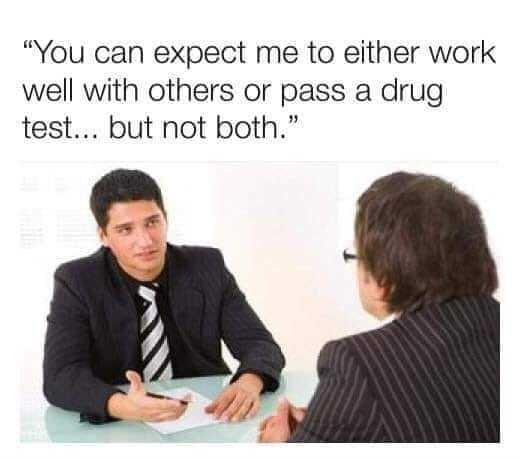 You can expect me to either work well with others or pass a drug test but not both