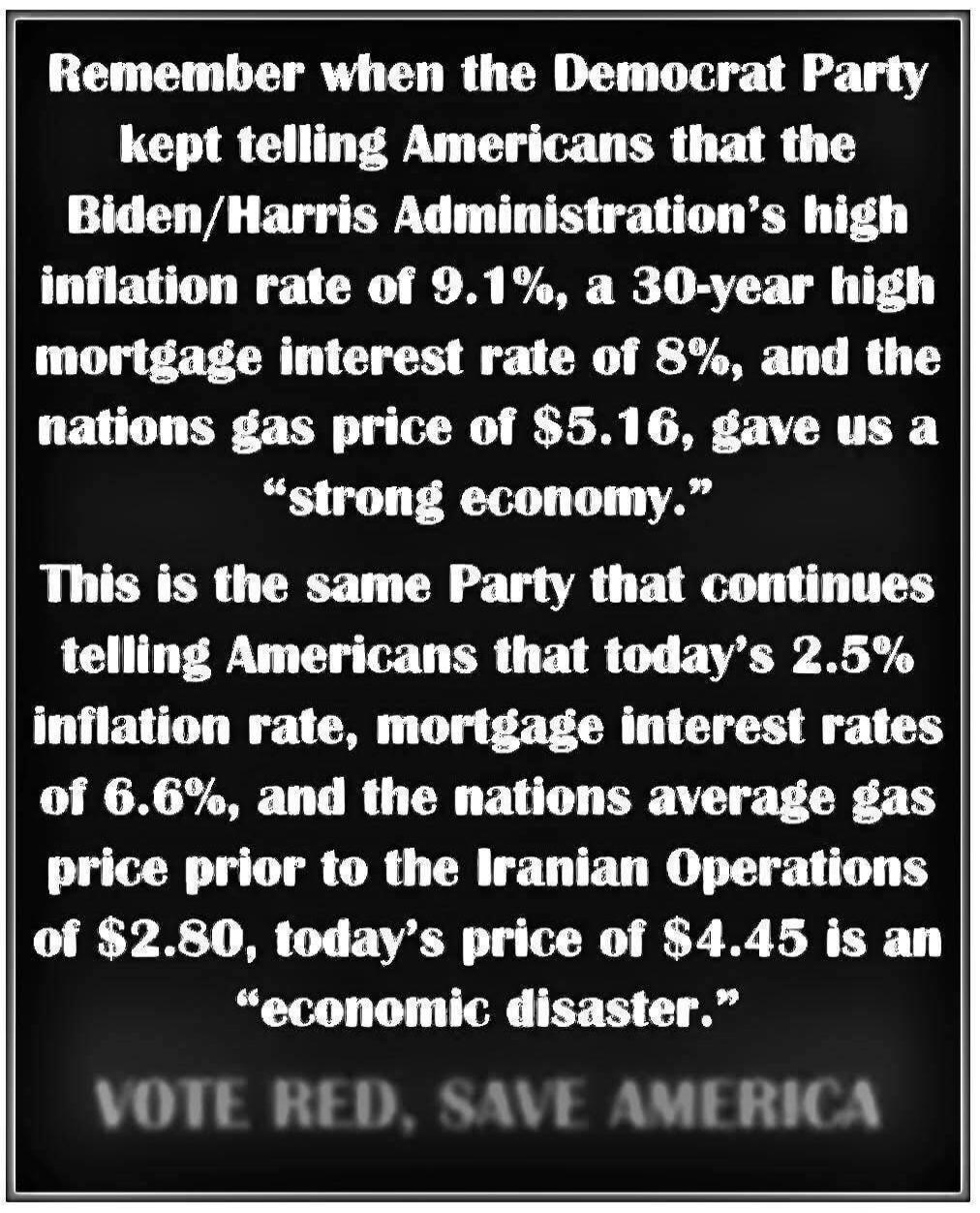 Remember when the Democrat Party kept telling Americans that the Biden/Harris Administration's high inflation rate of 9.1%, a 30-year high mortgage interest rate of 8%, and the nations gas price of $5.16, gave us a 