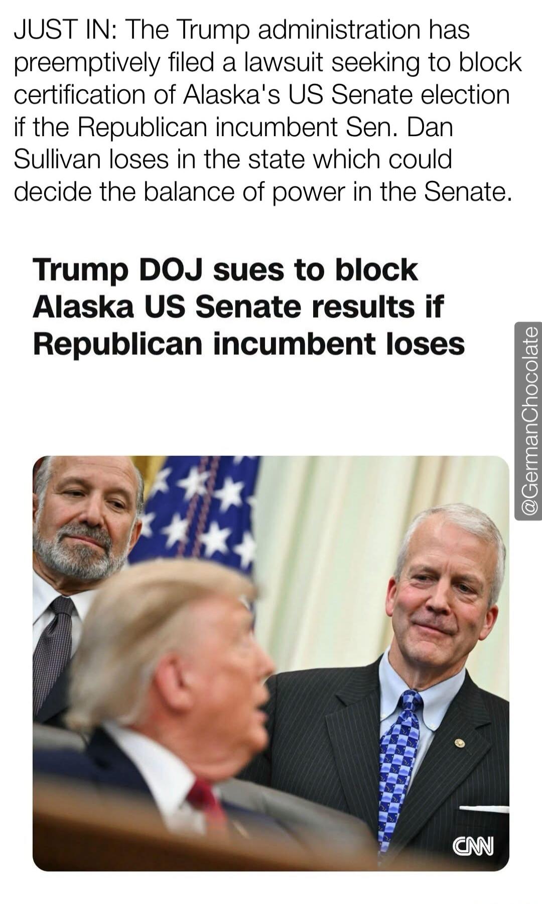 JUST IN: The Trump administration has preemptively filed a lawsuit seeking to block certification of Alaska's US Senate election if the Republican incumbent Sen. Dan Sullivan loses in the state which could decide the balance of power in the Senate. Trump DOJ sues to block Alaska US Senate results if Republican incumbent loses