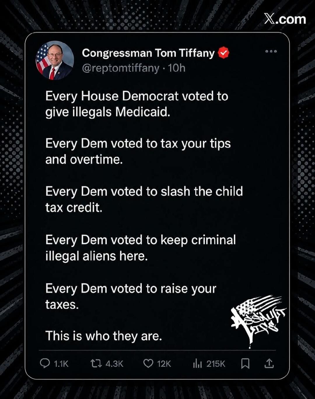 Congressman Tom Tiffany @reptomtiffany · 10h. Every House Democrat voted to give illegals Medicaid. Every Dem voted to tax your tips and overtime. Every Dem voted to slash the child tax credit. Every Dem voted to keep criminal illegal aliens here. Every Dem voted to raise your taxes. This is who they are.