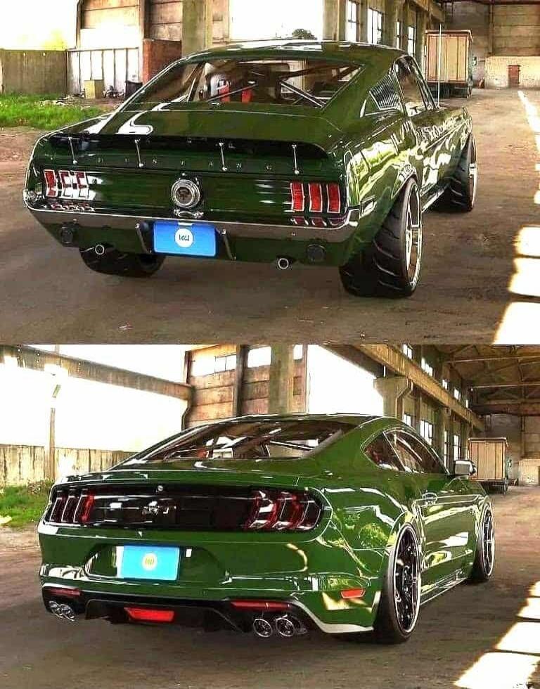 Green classic Ford Mustang car, rear and angled rear views in a warehouse setting.
