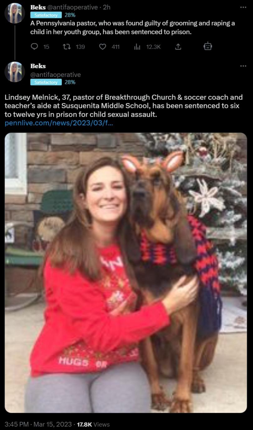 Beks A Pennsyivania pastor who was found guilty of grooming and raping a childin her youth group has been sentenced to prison e Lindsey Melnick 37 pastor of Breakthrough Church soccer coach and teachers aide at Susquenita Middle School has been sentenced to six to twelve yrs in prison for child sexual assault penniivecomnews202303 128K