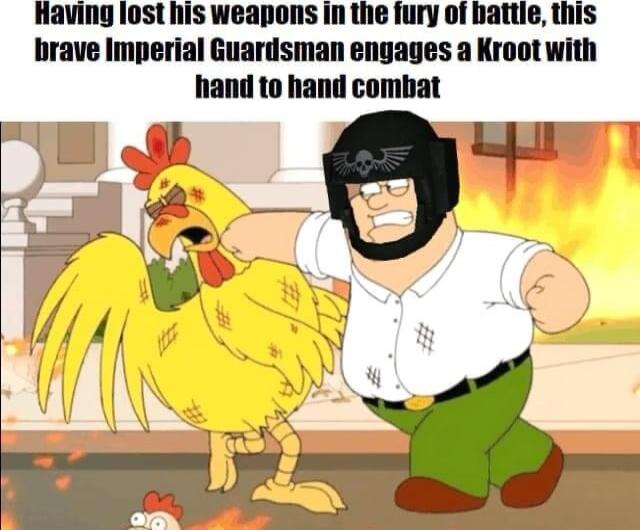 Having lost his weapons in the fury of battle this brave Imperial Guardsman engages a Kroot with hand to hand combat S o