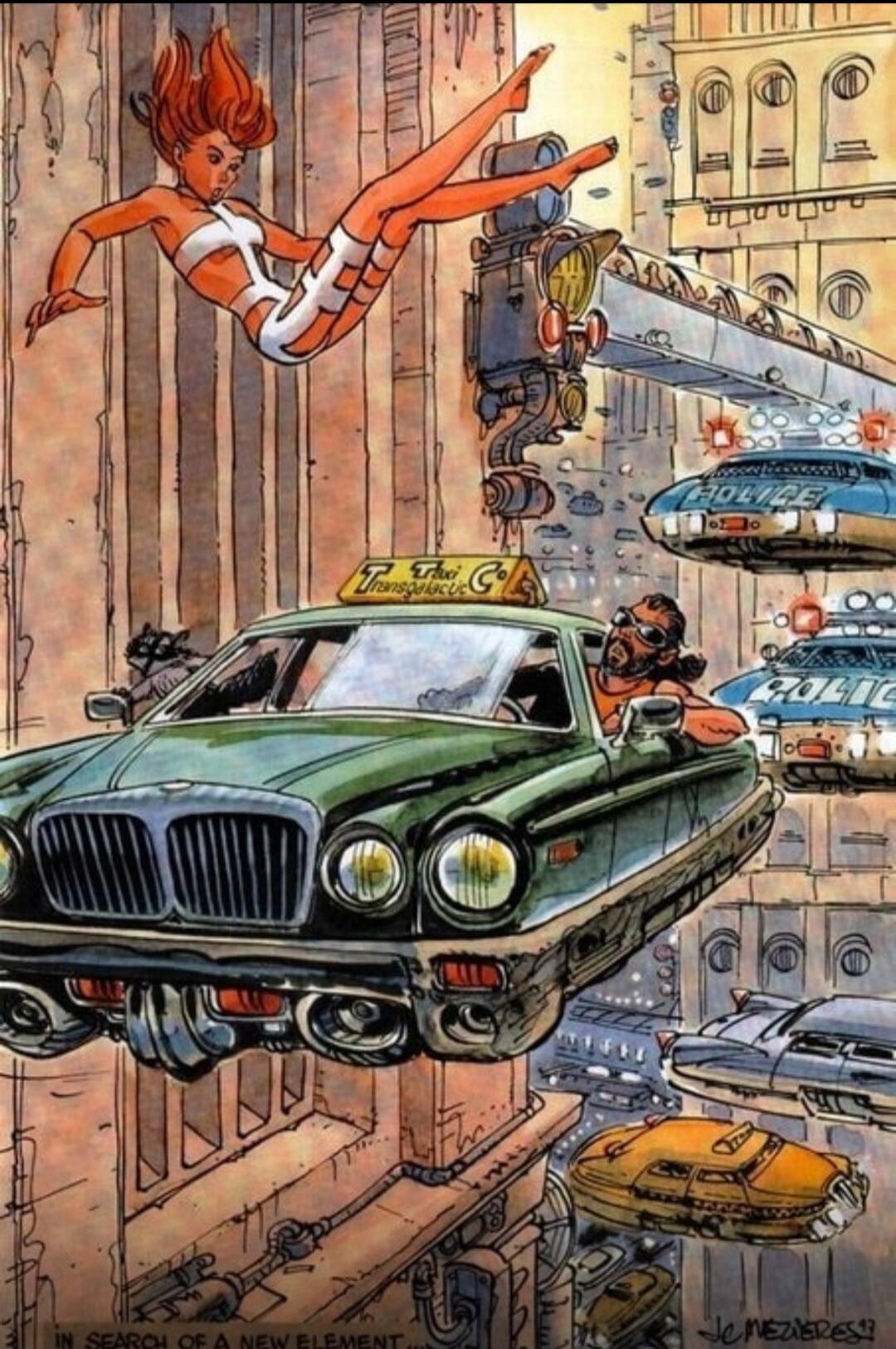 A dynamic urban chase scene: a green taxi is leaping between buildings while a woman in a white outfit flies through the air, and police cars are in pursuit with sirens on.