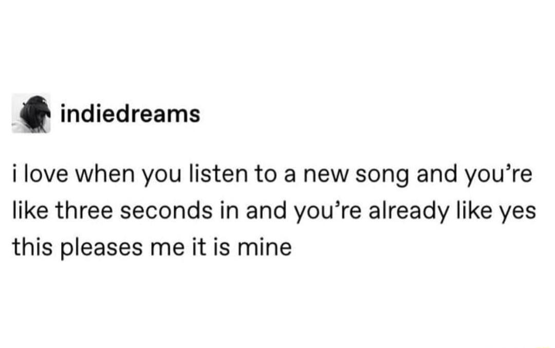 indiedreams i love when you listen to a new song and youre like three seconds in and youre already like yes this pleases me it is mine