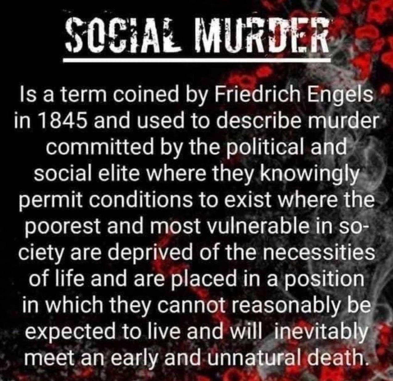 SAMRTAT e 0SiAL MURD o g Y Is a term coined by Friedrich Engls oI o730 1o o MVETTo I oo Yol gl oT N g g l 0 Ty committed by the political and eS RV IR G5 knowingly permit conditions to exist where the poorest and most vulnerablein so VEVEICT AT R R UEI EEESES SANCEEREEE laged in a position in which they cann reasonably be expected to live and will_inevita meet an earl and ljnW ath eshaiveany 2RA U