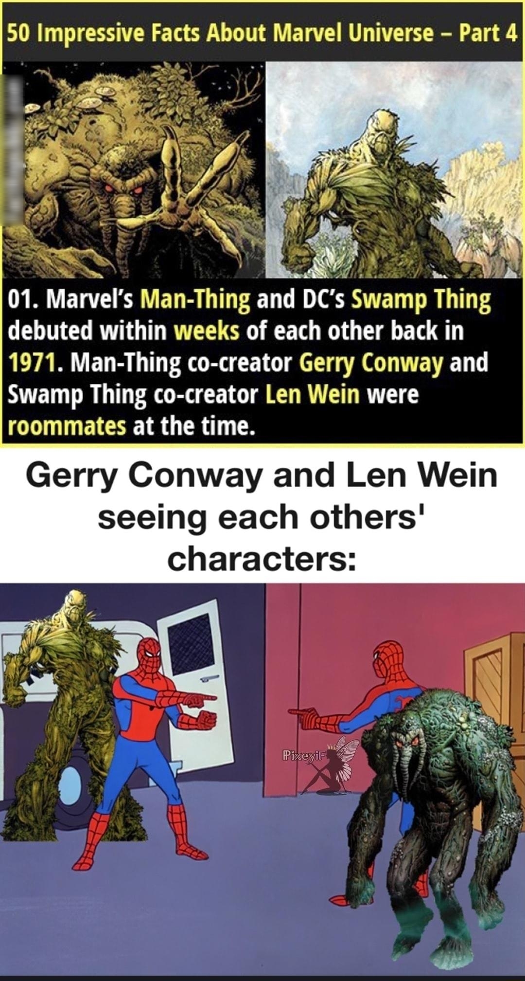 SR TGRSR E T UL LT E T T R SR T ET T Man Thmg and DCs Swamp Thlng LTGRO TR T R G T BT 1971 Man Thing co creator Gerry Conway and Swamp Thing co creator Len Wein were roommates at the time Gerry Conway and Len Wein seeing each others characters