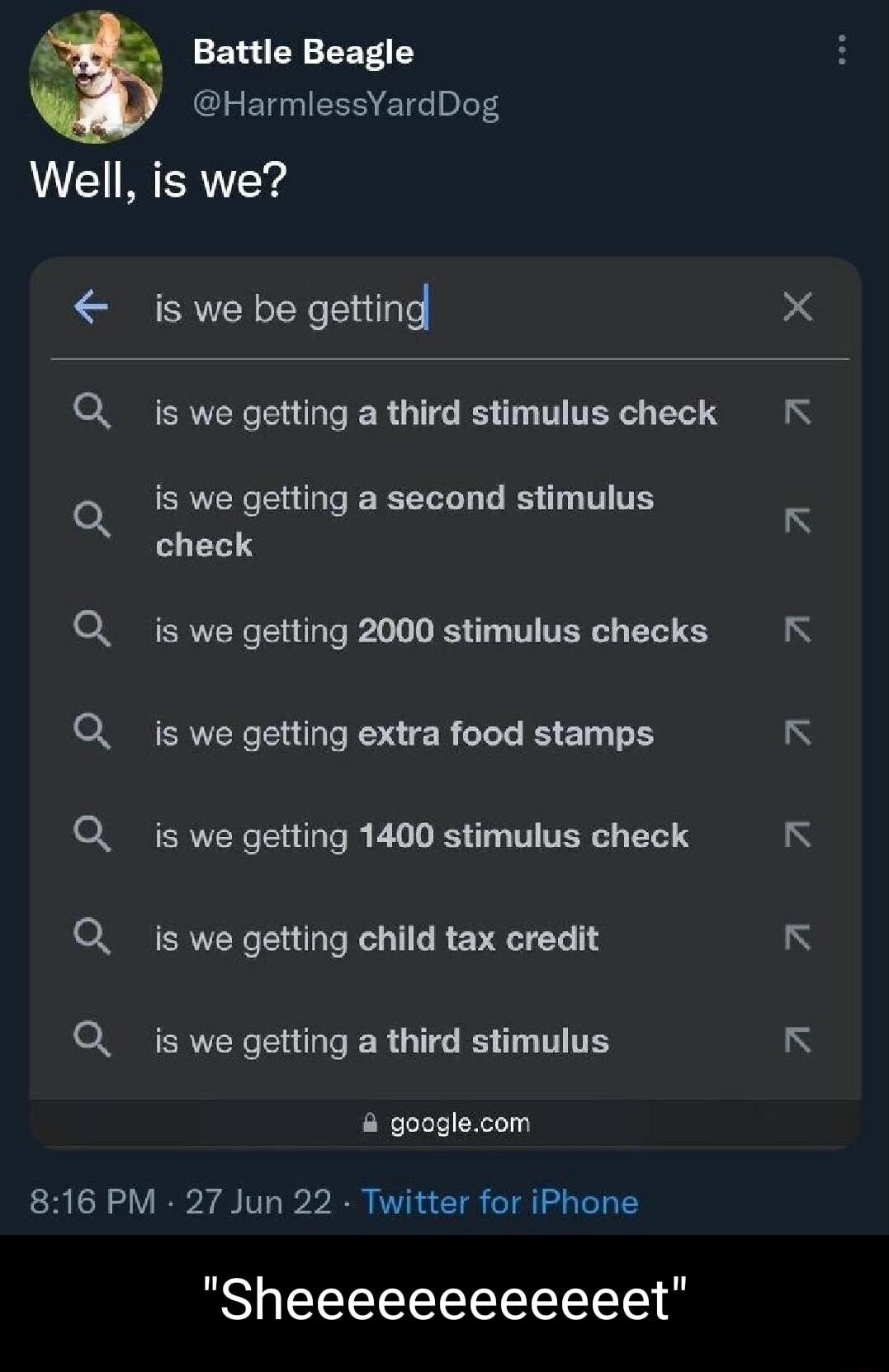 Battle Beagle HarmlessYardDog Well is we is we be gettind SERCER R G T I T T TER T Y is we getting a second stimulus check is we getting 2000 stimulus checks is we getting extra food stamps ERERCEH R EL ST TERL TS is we getting child tax credit L L L HL L L LI ERVERCER T ER G T T T TR googlecom 816 PM 27 Jun 22 Twitter for iPhone Sheeeeeeeeeeeet