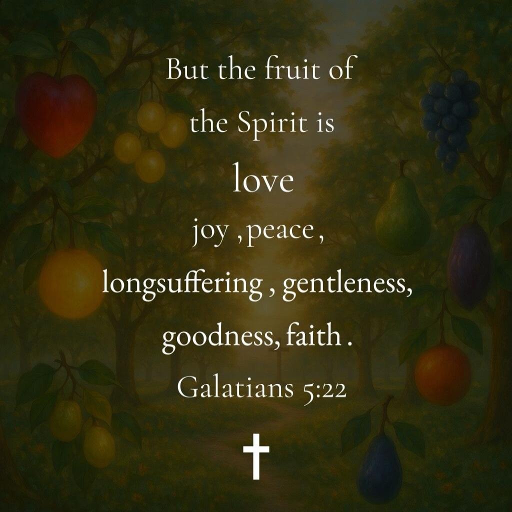 But the fruit of the Spirit is love, joy, peace, longsuffering, gentleness, goodness, faith. Galatians 5:22. A cross symbol is also present.