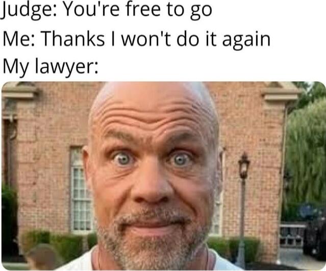 udge Youre free to go Me Thanks wont do it again My lawyer