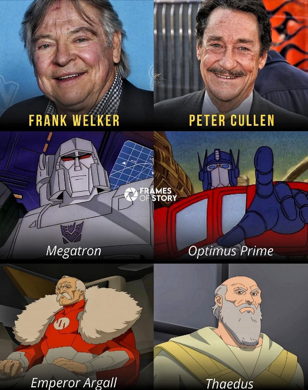 Frank Welker, Peter Cullen, Megatron, Optimus Prime, Emperor Argall, Thaedus. This image showcases two renowned voice actors, Frank Welker and Peter Cullen, alongside some of the iconic animated characters they have brought to life, such as Megatron, Optimus Prime, Emperor Argall, and Thaedus.