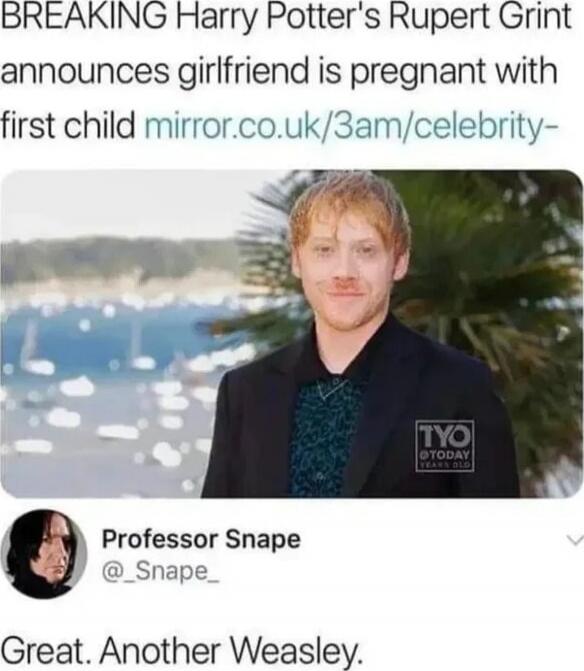 BREAKING Harry Potter's Rupert Grint announces girlfriend is pregnant with first child mirror.co.uk/3am/celebrity- ...

Professor Snape @_Snape_ 
Great. Another Weasley.
