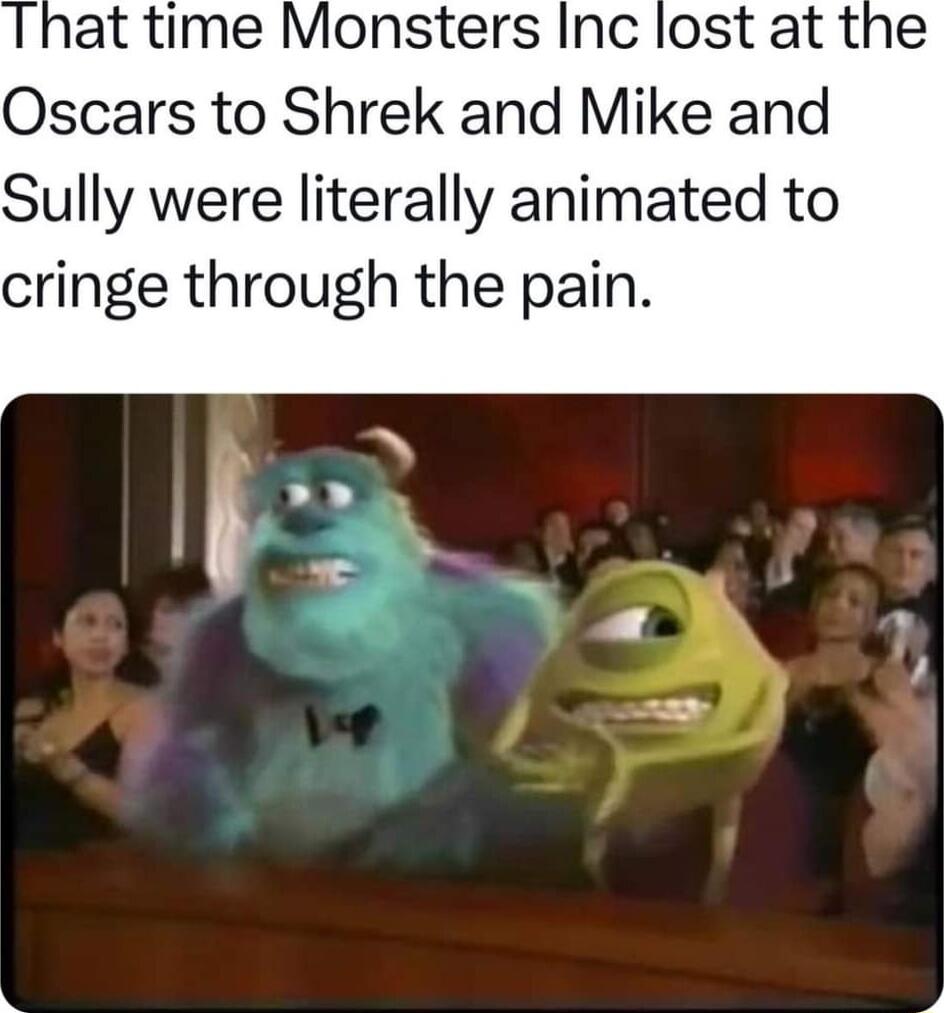 That time Monsters Inc lost at the Oscars to Shrek and Mike and Sully were literally animated to cringe through the pain