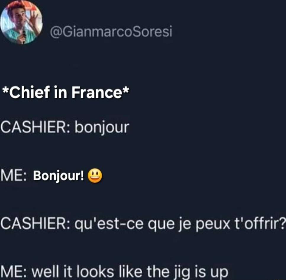 GianmarcoSoresi Chief in France CASHIER bonjour ME Bonjour CASHIER quest ce que je peux toffrir ME well it looks like the jig is up