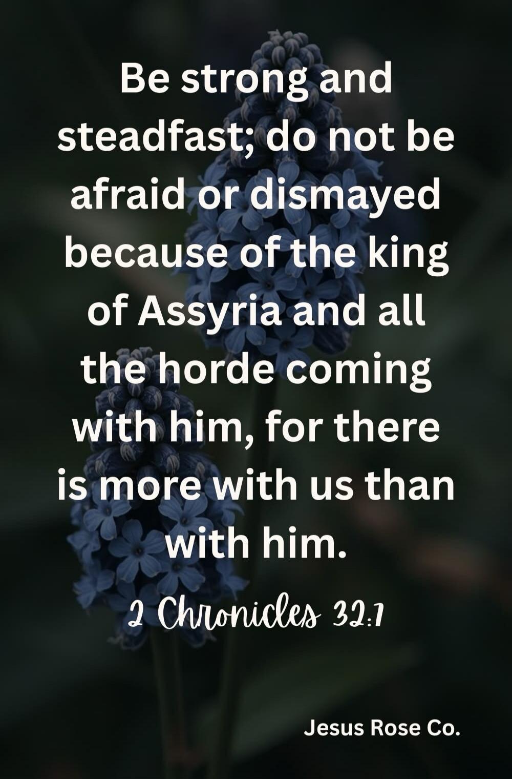 Be strong and steadfast; do not be afraid or dismayed because of the king of Assyria and all the horde coming with him, for there is more with us than with him. 2 Chronicles 32:7 Jesus Rose Co.