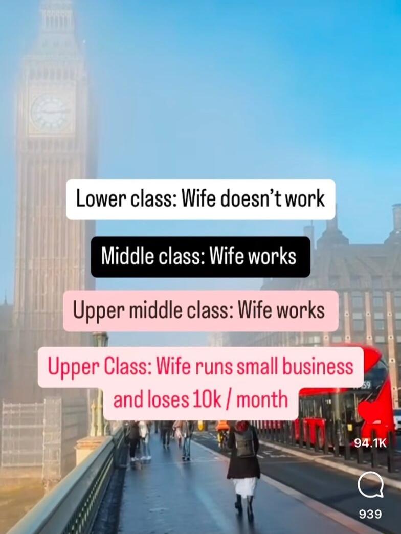 Lower class Wife doesnt work UGGEEENRGETIY Upper middle class Wife works Upper Class Wife runs small business 8 and loses 10k month 7 1L T sl 3