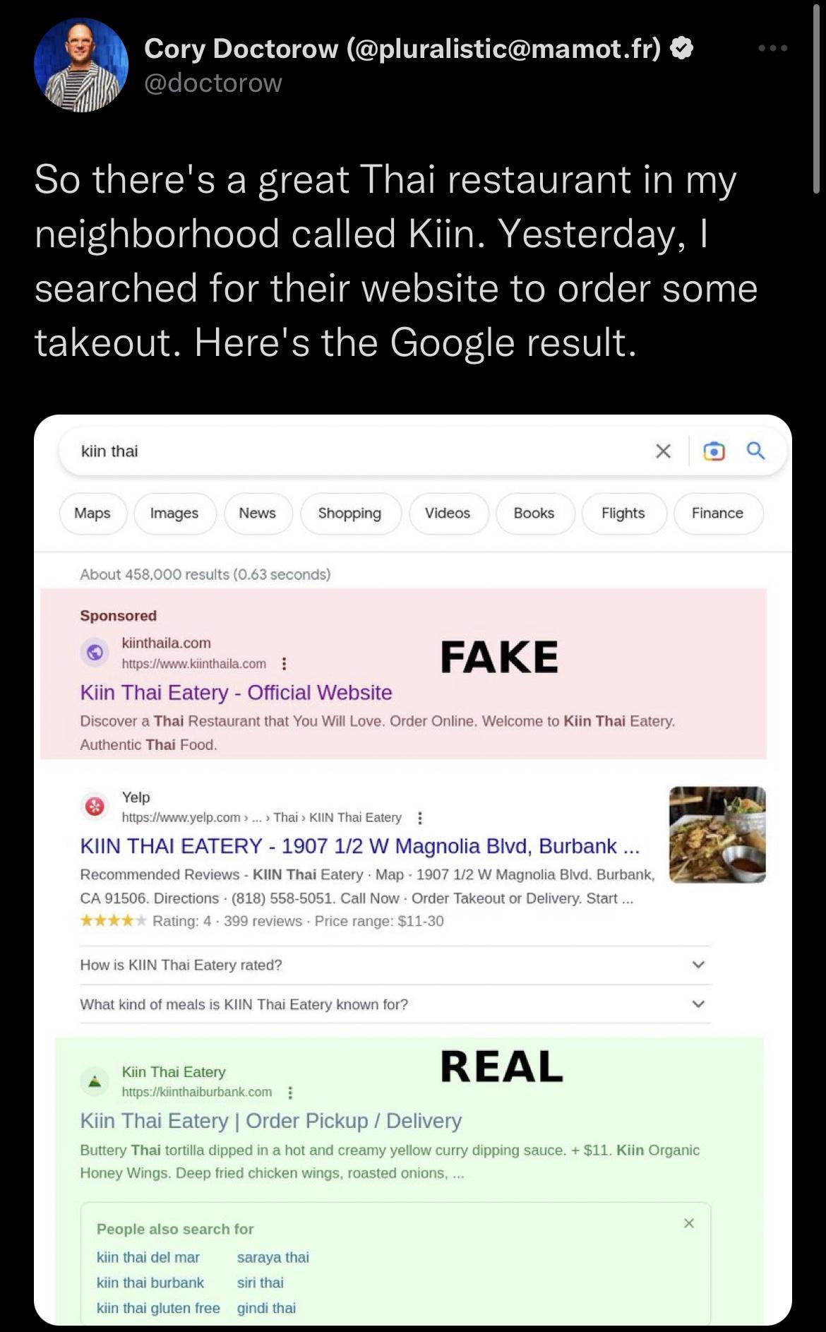 Cory Doctorow pluralisticmamotfr So theres a great Thai restaurant in my neighborhood called Kiin Yesterday EEE e T R TR TR R CR o el o TgTeTy 5 takeout Heres the Google result