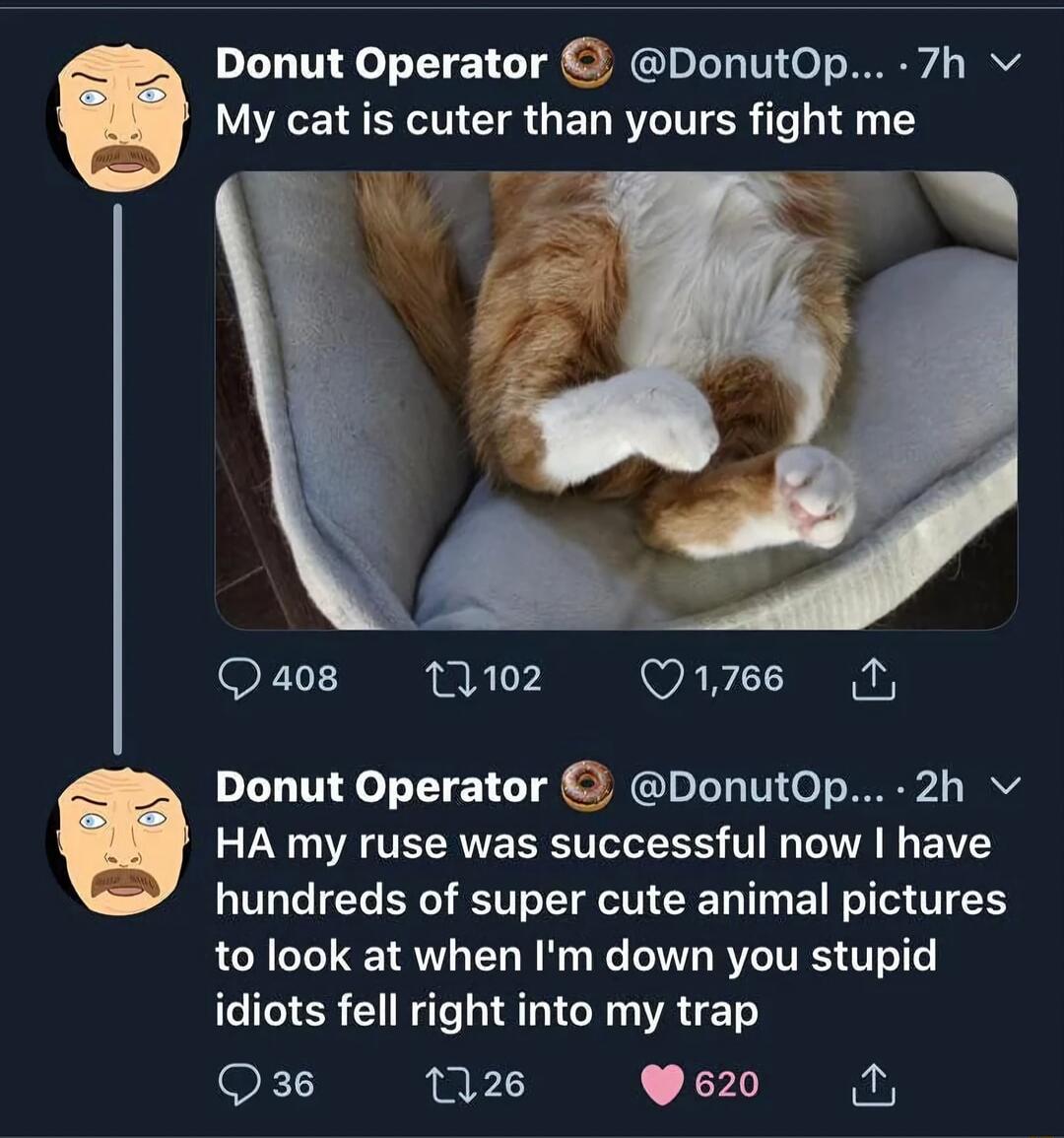 Donut Operator DonutOp 7h v My cat is cuter than yours fight me F1 1102 Q766 1 Donut Operator DonutOp 2h v HA my ruse was successful now have hundreds of super cute animal pictures to look at when Im down you stupid idiots fell right into my trap Q36 126 620