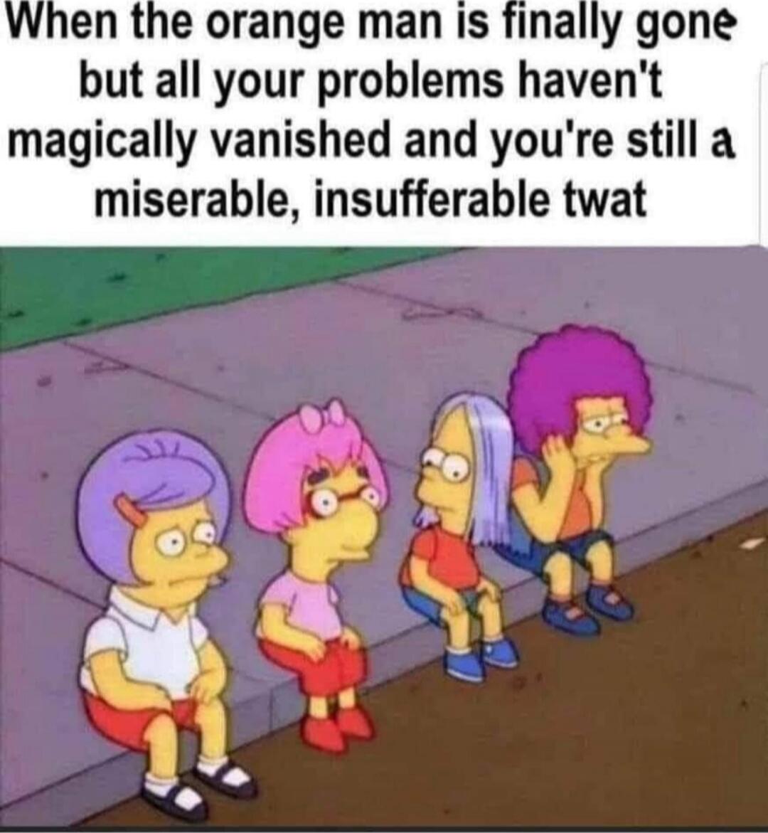 When the orange man is finally gone but all your problems haven't magically vanished and you're still a miserable, insufferable twat