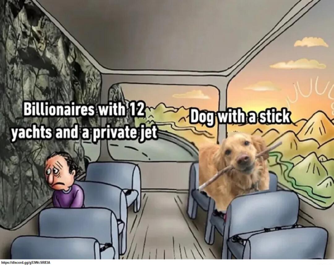 Billionaires with 12 yachts and a private jet. Dog with a stick.