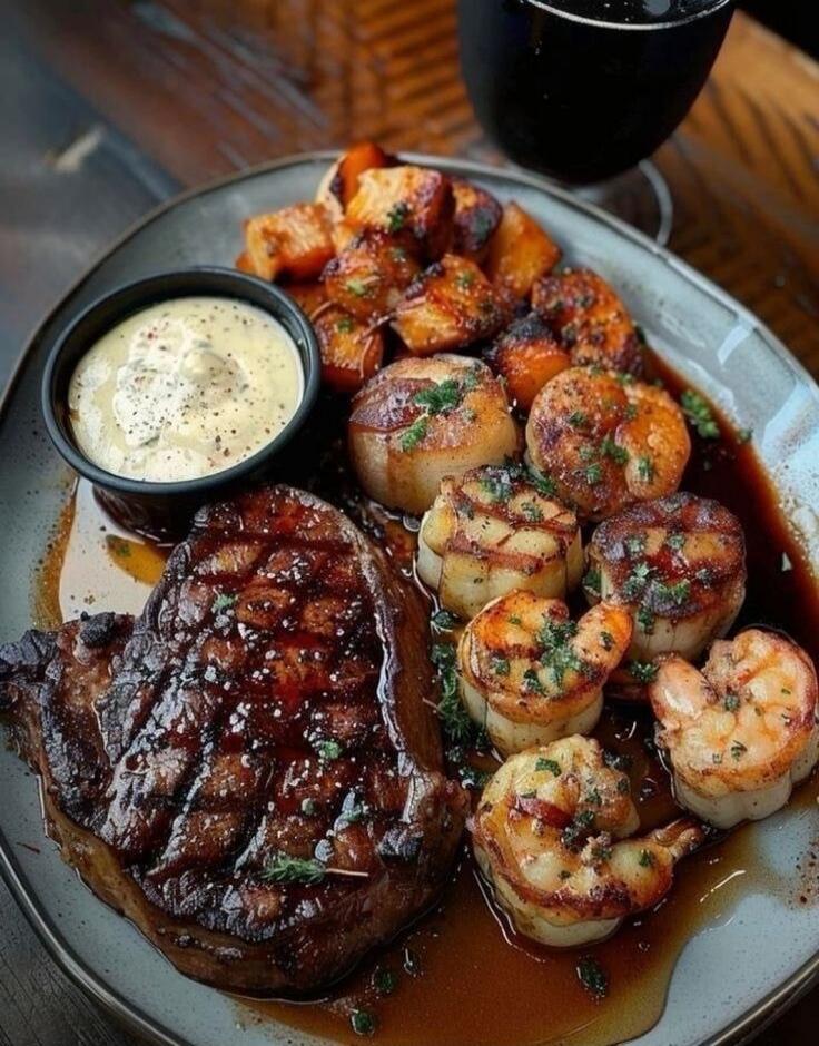 A plated meal featuring a grilled steak, seared scallops arranged with roasted potatoes, and a side dipping sauce.
