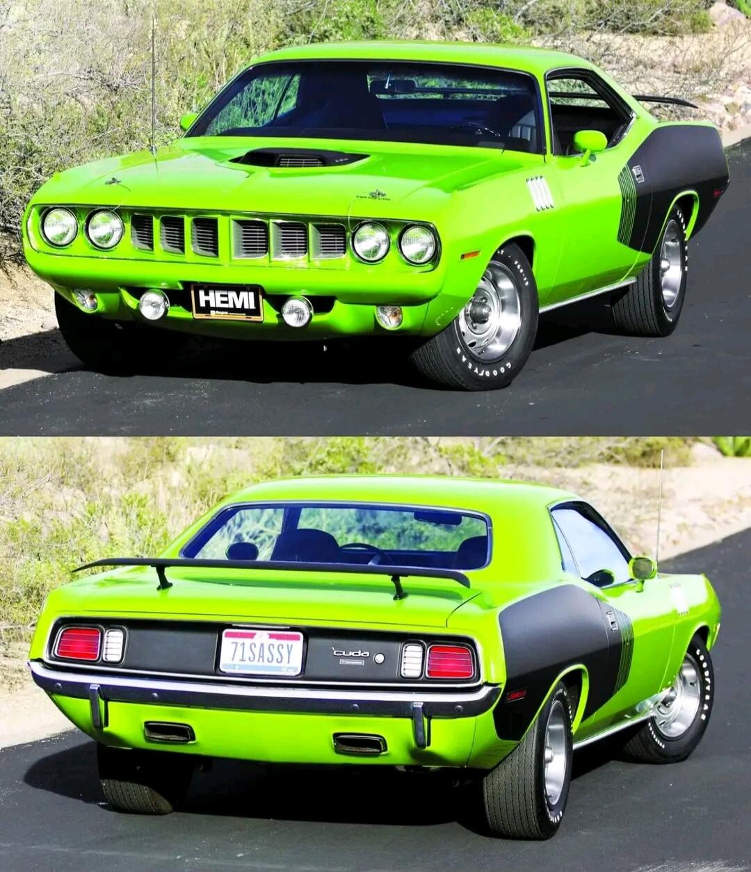 A vibrant green 1971 Plymouth 'Cuda muscle car, featuring a black HEMI license plate on the front and a '71SASSY license plate on the rear. The car has black side stripes, a hood scoop, and a rear spoiler. Goodyear tires are visible.