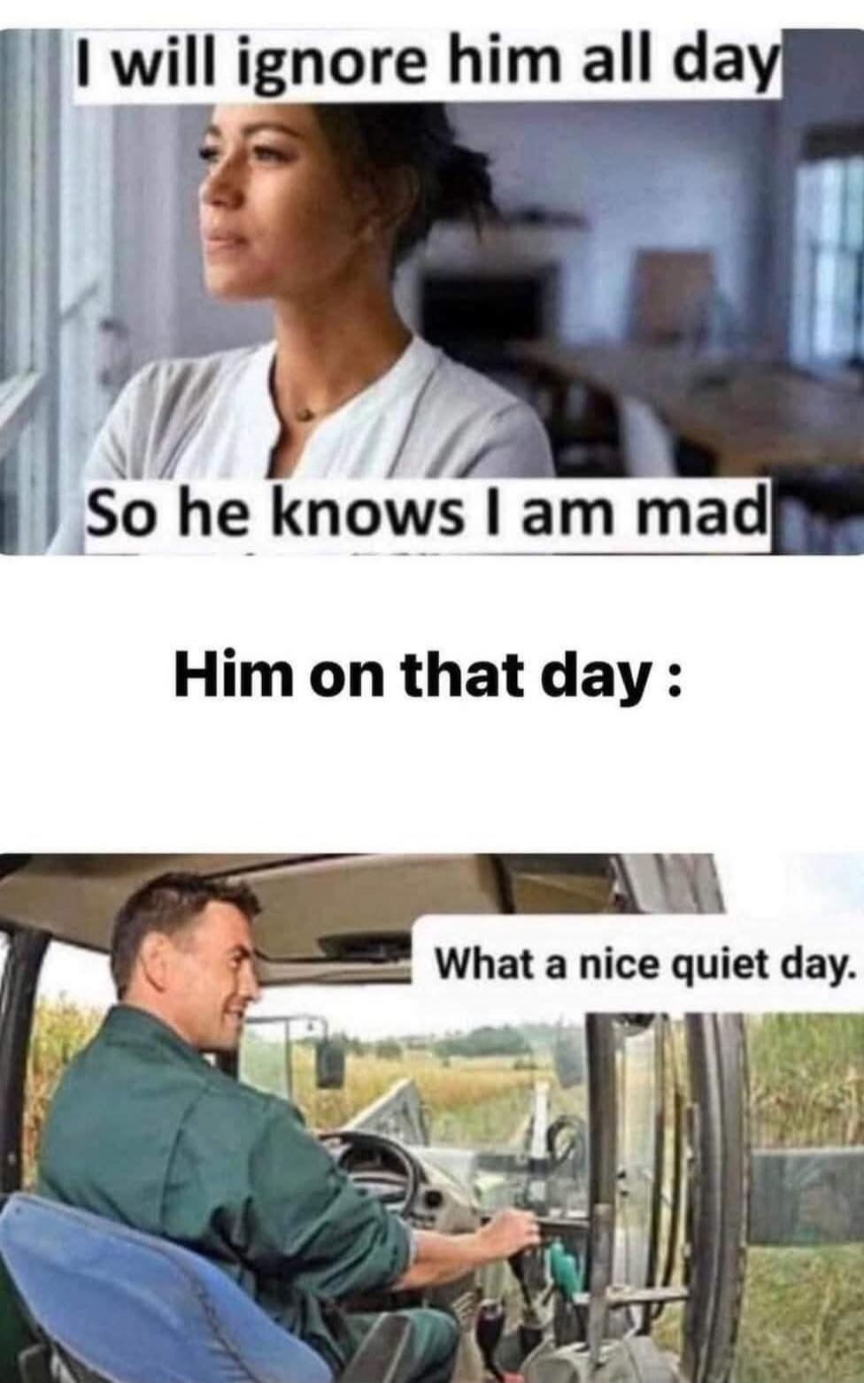 I will ignore him all day so he knows I am mad. Him on that day: What a nice quiet day.