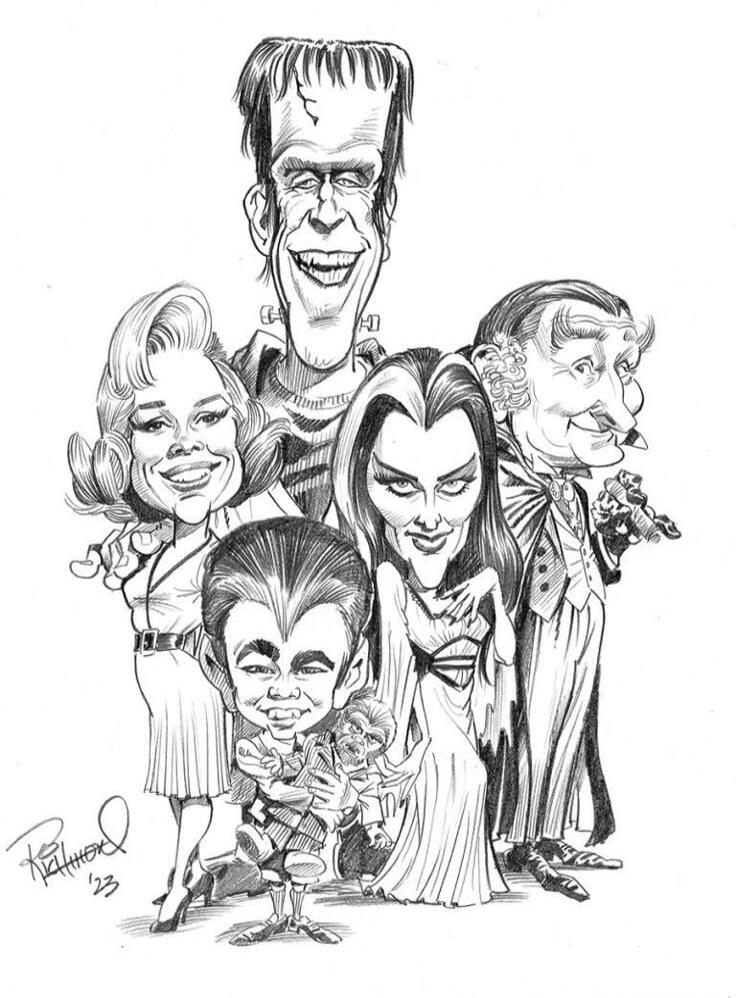 A caricature drawing of the main characters from The Munsters TV show, including Herman, Lily, Grandpa, Marilyn, Eddie, and Spot.