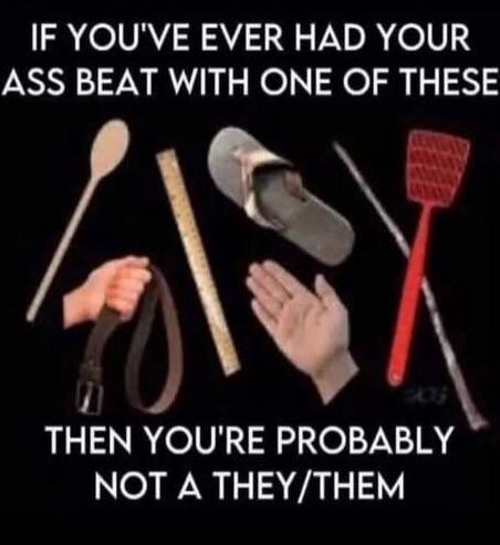 IF YOU'VE EVER HAD YOUR ASS BEAT WITH ONE OF THESE THEN YOU'RE PROBABLY NOT A THEY/THEM