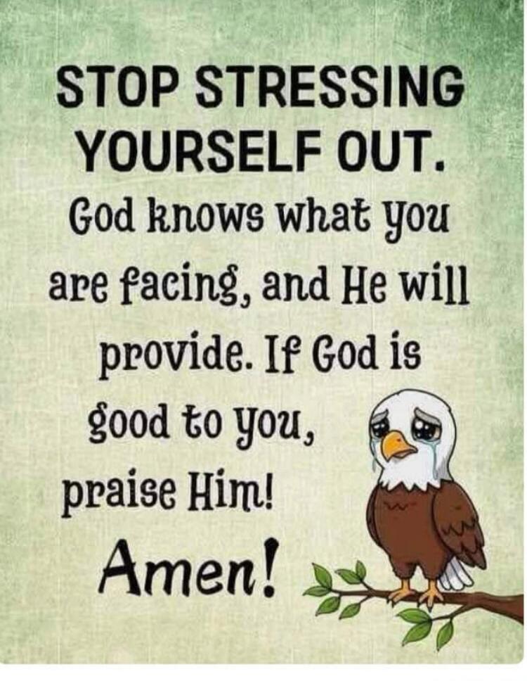 STOP STRESSING YOURSELF OUT. God knows what you are facing, and He will provide. If God is good to you, praise Him! Amen!