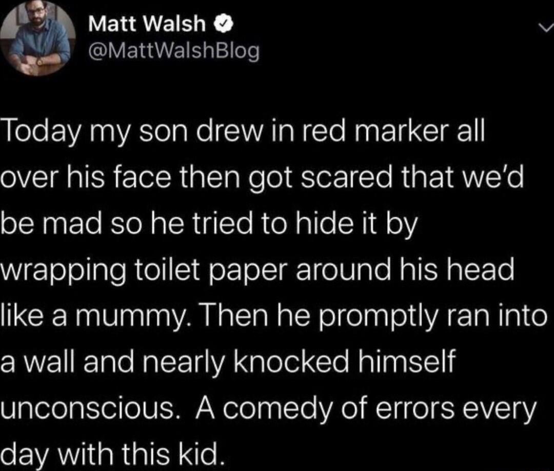 LERQUEE v V EIRYE S Lele ENA A e laRe T N te N ET e over his face then got scared that wed be mad so he tried to hide it by wrapping toilet paper around his head like mummy Then he promptly ran into RV RTale NalETH WA g ToTel To RalTgg 11 unconscious A comedy of errors every o VAR ISN e B