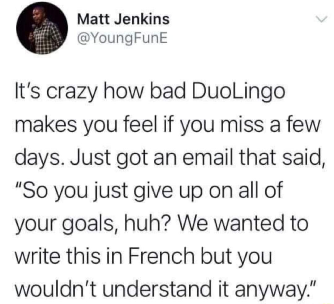 Matt Jenkins YoungFunE Its crazy how bad DuoLingo makes you feel if you miss a few days Just got an email that said So you just give up on all of your goals huh We wanted to write this in French but you wouldnt understand it anyway