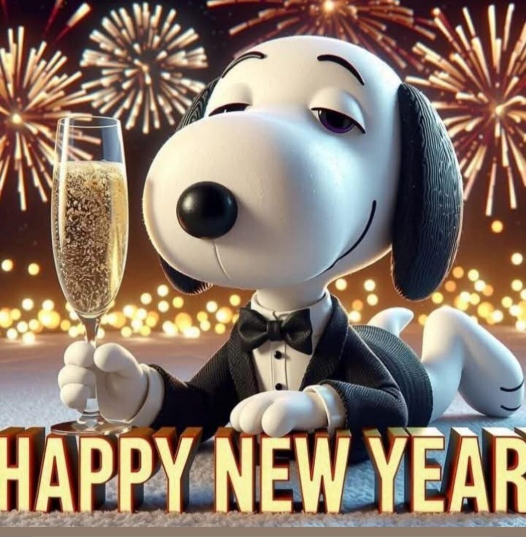 Snoopy in a tuxedo holding a champagne glass with fireworks in the background. The image includes the caption: 'HAPPY NEW YEAR'.