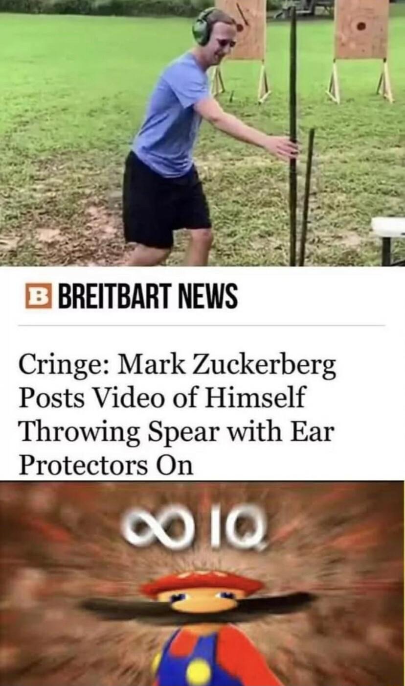 i 1 BREITBART NEWS Cringe Mark Zuckerberg Posts Video of Himself Throwing Spear with Ear Protectors On