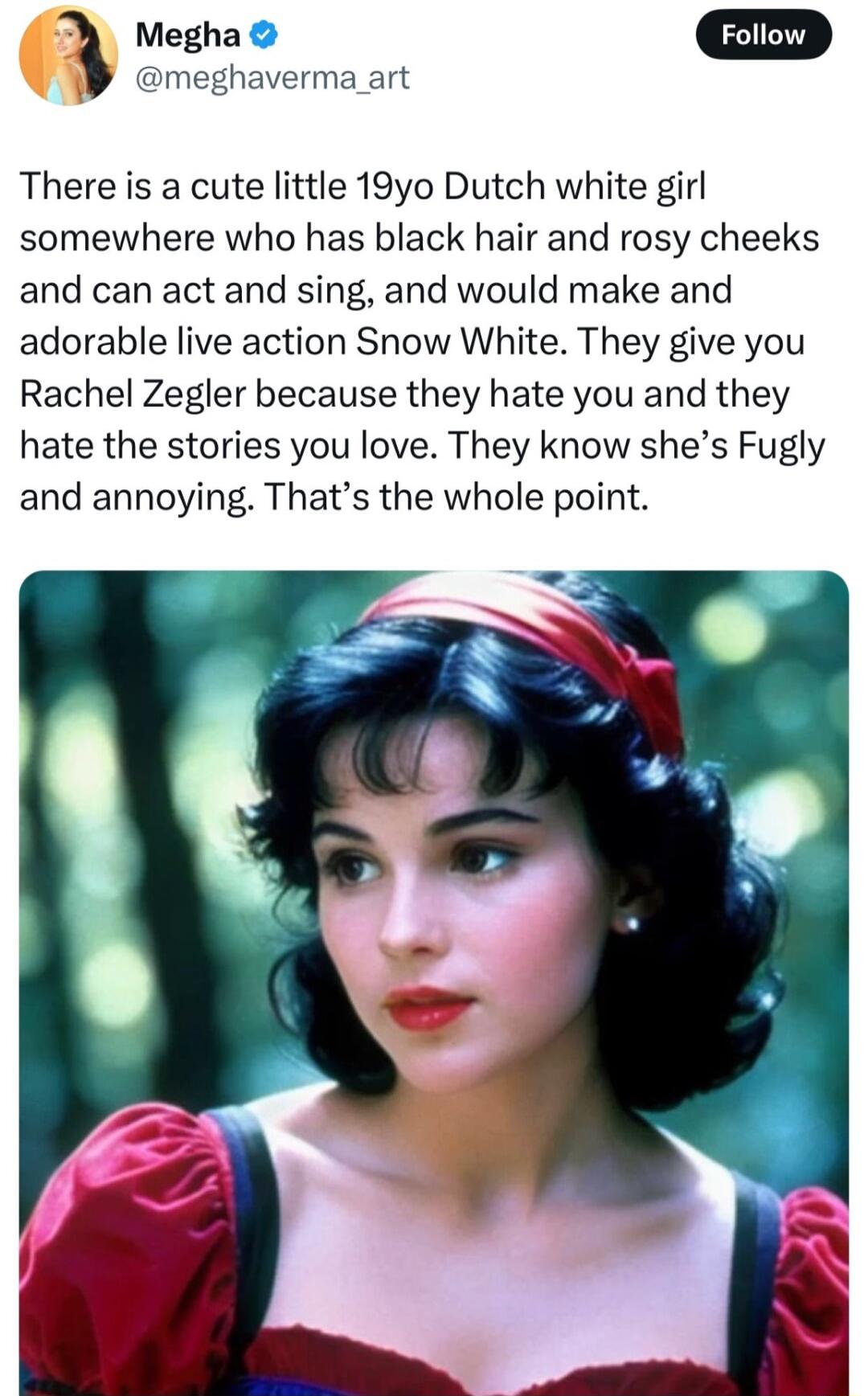 Megha Fortow meghaverma art There is a cute little 19yo Dutch white girl somewhere who has black hair and rosy cheeks and can act and sing and would make and adorable live action Snow White They give you Rachel Zegler because they hate you and they hate the stories you love They know shes Fugly and annoying Thats the whole point
