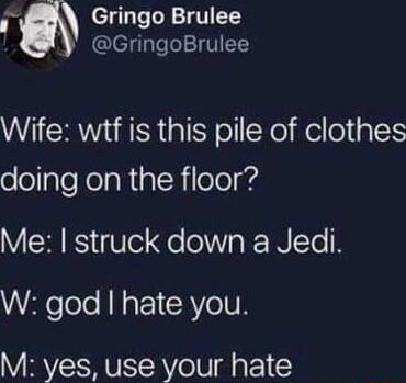 u Gringo Brulee GringoBrulee Wife wtf is this pile of clothes olollalefelaNialNlole 4 Me struck down a Jedi W god hate you M yes use your hate