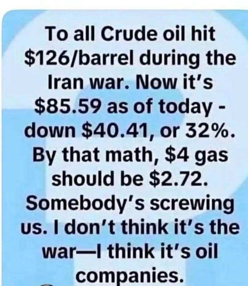 To all Crude oil hit $126/barrel during the Iran war. Now it's $85.59 as of today - down $40.41, or 32%. By that math, $4 gas should be $2.72. Somebody's screwing us. I don't think it's the war—I think it's oil companies.