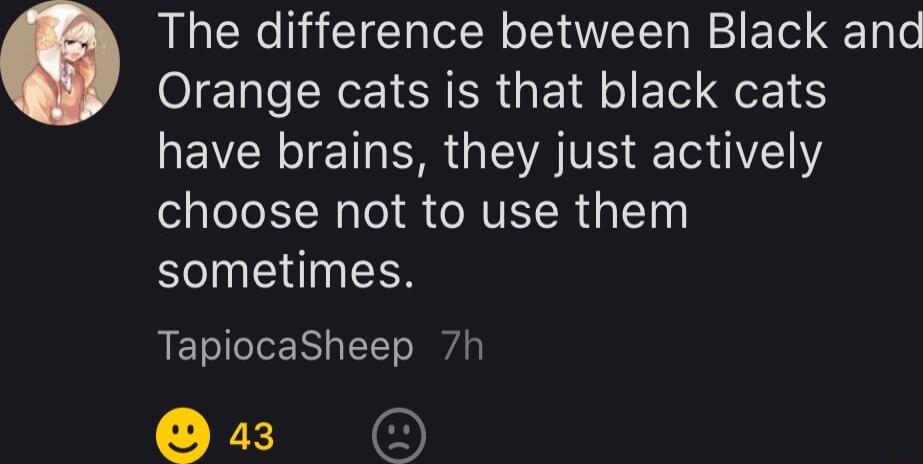The difference between Black and Orange cats is that black cats HEVCEETR AR RV TG YEl Y choose not to use them sometimes TapiocaSheep 7h W