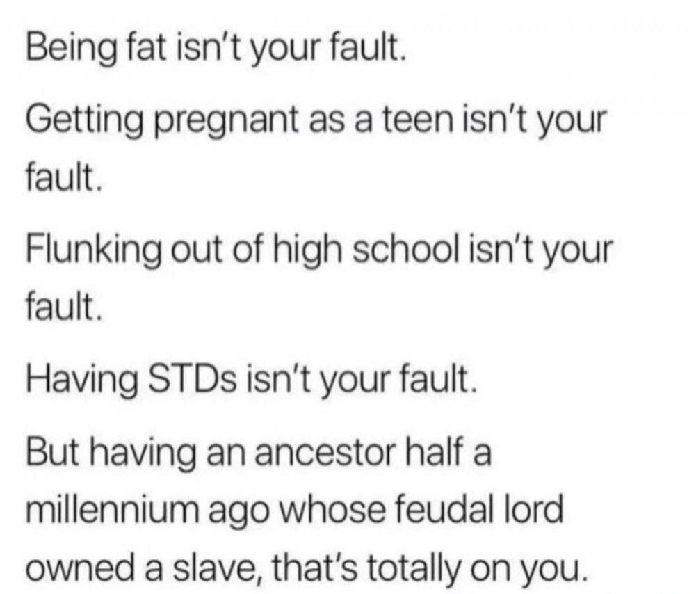 Being fat isn't your fault. Getting pregnant as a teen isn't your fault. Flunking out of high school isn't your fault. Having STDs isn't your fault. But having an ancestor half a millennium ago whose feudal lord owned a slave, that's totally on you.
