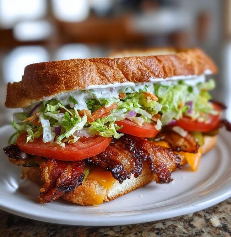Bacon, lettuce, tomato, cheese, and mayonnaise on toasted bread sandwich.