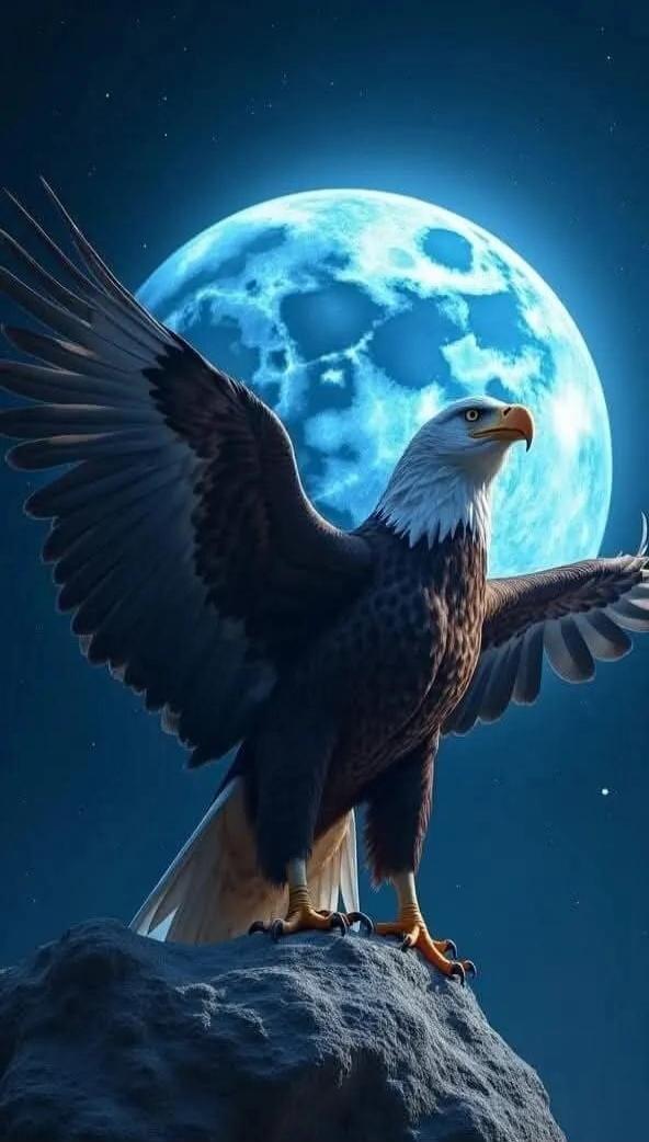 An eagle perched on a rock against a large blue moon.