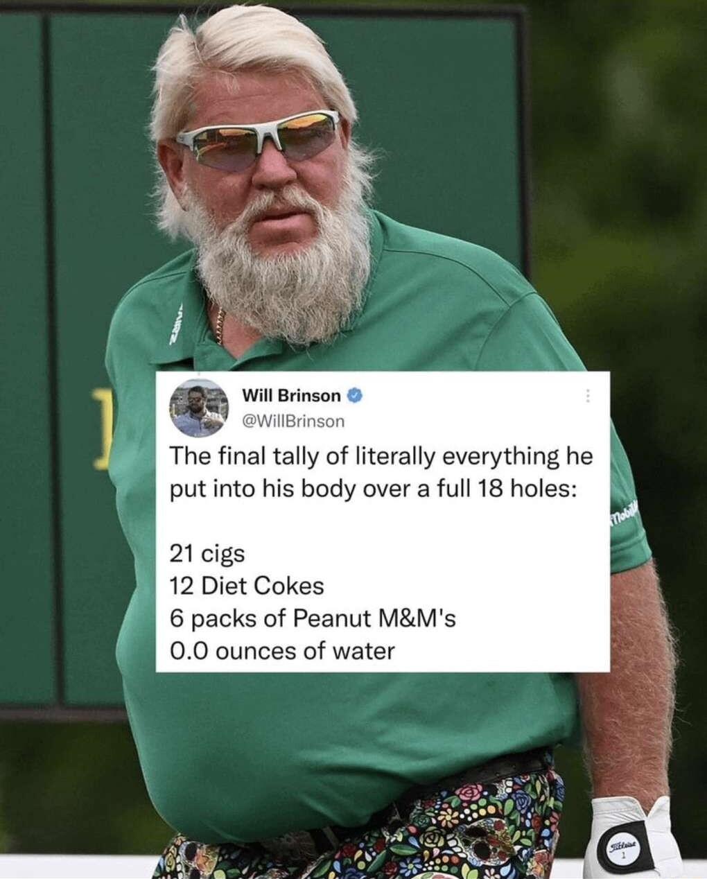 Will Brinson The final tally of literally everything he put into his body over a full 18 holes 21 cigs 1 12 Diet Cokes 6 packs of Peanut MMs 00 ounces of water