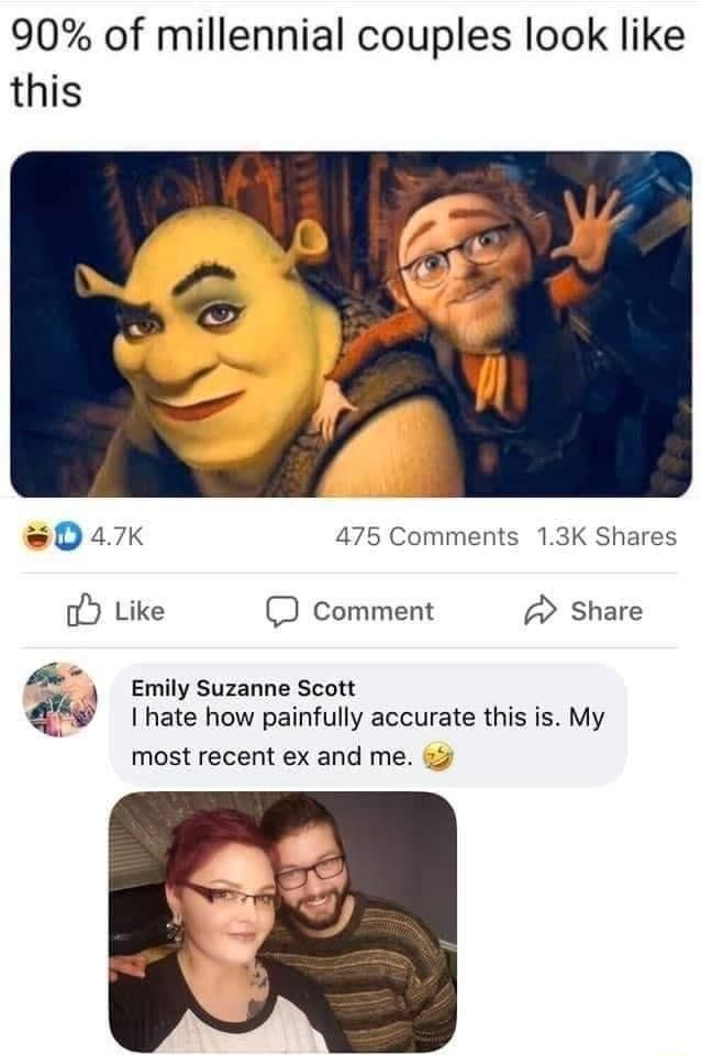 90 of millennial couples look like this eDax 475 Comments 13K Shares o Like D comment Share Emily Suzanne Scott hate how painfully accurate this is My most recent ex and me