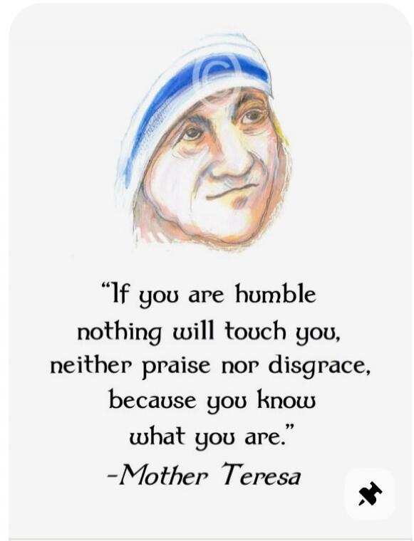 If you are humble nothing will touch you, neither praise nor disgrace, because you know what you are. -Mother Teresa