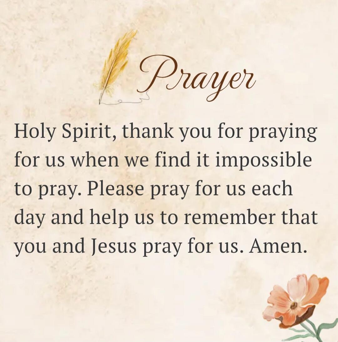 Prayer
Holy Spirit, thank you for praying for us when we find it impossible to pray. Please pray for us each day and help us to remember that you and Jesus pray for us. Amen.