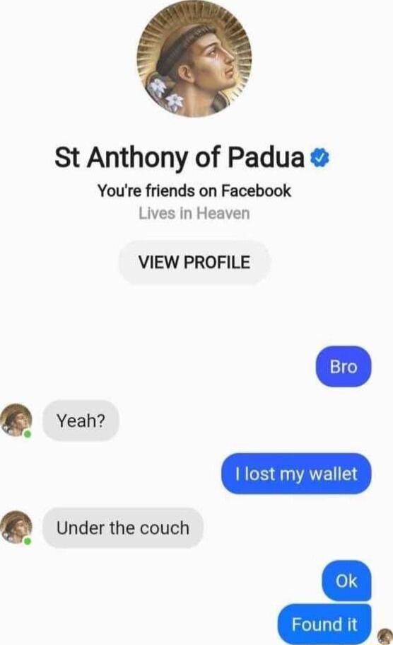 St Anthony of Padua Youre friends on Facebook Lives in Heaven VIEW PROFILE Yeah lost my wallet Q Under the couch