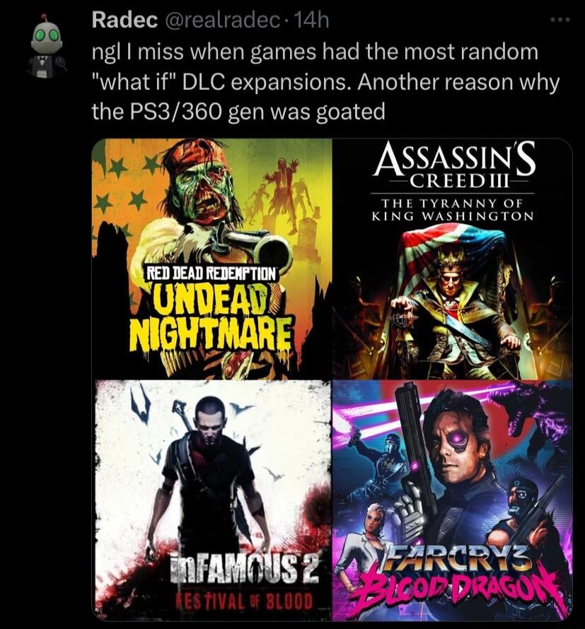 ELES ngl miss when games had the most random what if DLC expansions Another reason why the PS3360 gen was goated ASSASSING CREEDIII THE TYRANNY OF KING WASHINGTON