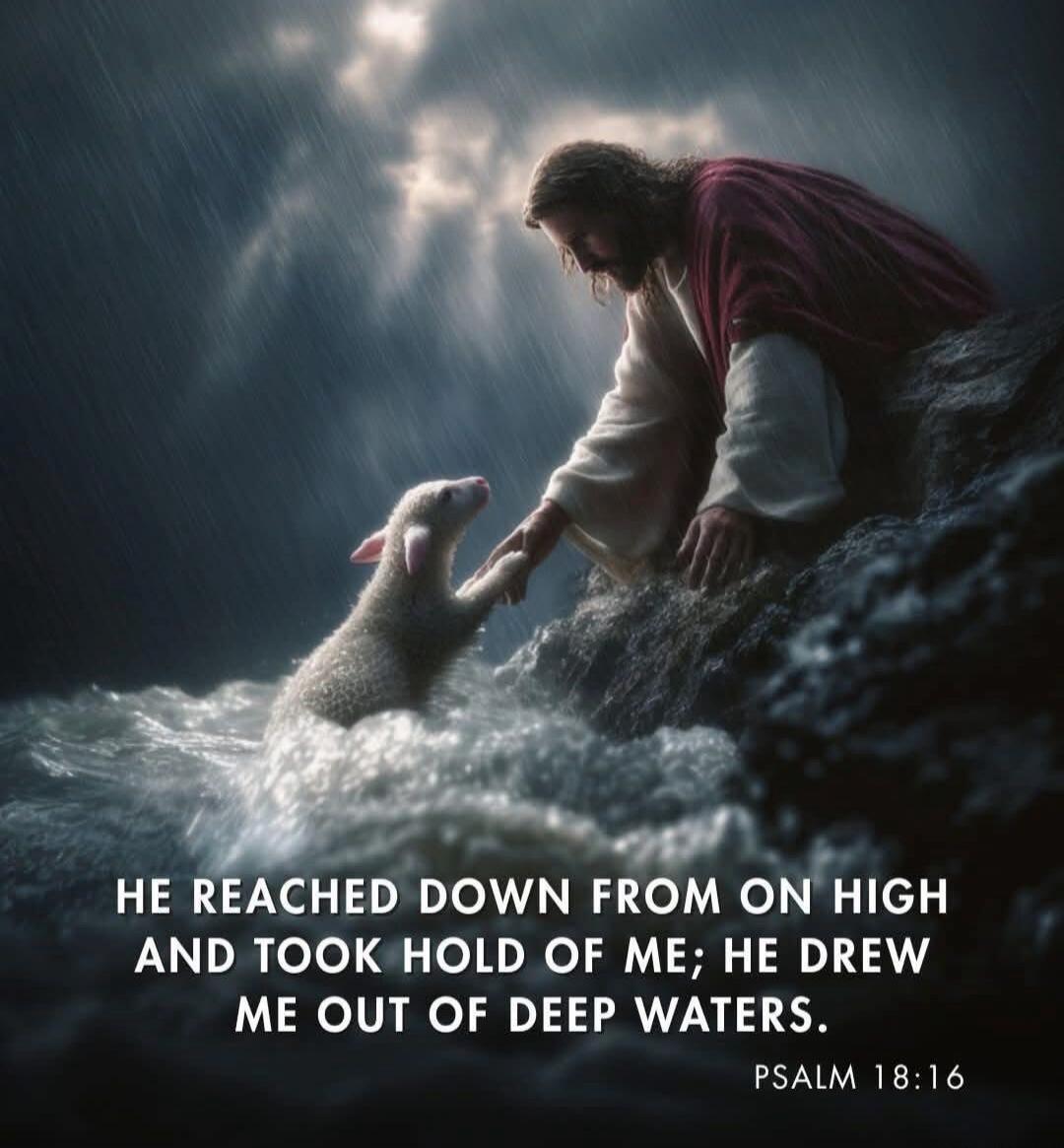 HE REACHED DOWN FROM ON HIGH AND TOOK HOLD OF ME; HE DREW ME OUT OF DEEP WATERS. PSALM 18:16
